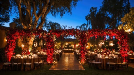 An elegant wedding reception outside, with a grand entrance, red floral arches, and beautifully lit tables under the sky