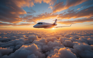 private luxury jet soared gracefully through vibrant morning sky with wide-angle view of sun-kissed clouds below, offering a panoramic view of world awakening to a new day sunrise 