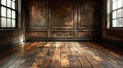 Vintage Interior with Darkened Wooden Walls and Floor, Capturing Timeless Elegance and Classic Design Aesthetics in a Spacious Room