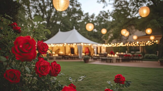 An upscale outdoor wedding reception venue with marquee tents, red roses, and softly glowing lanterns for a festive vibe