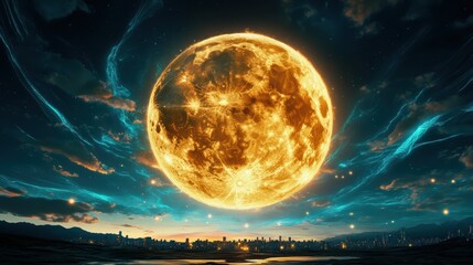 Golden Moon Over Cityscape
