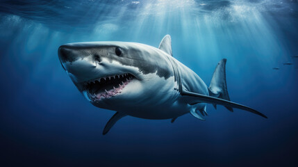 Naklejka premium Close-up of a shark underwater showcasing its powerful presence and sharp features in a deep blue aquatic environment. World Oceans Day. Shark Awareness Day. Earth Day.