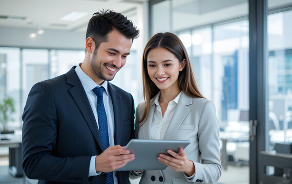 Professional business people, two happy business man and woman executives partners team working together checking corporate results standing in company office using digital tab fintech device. 
