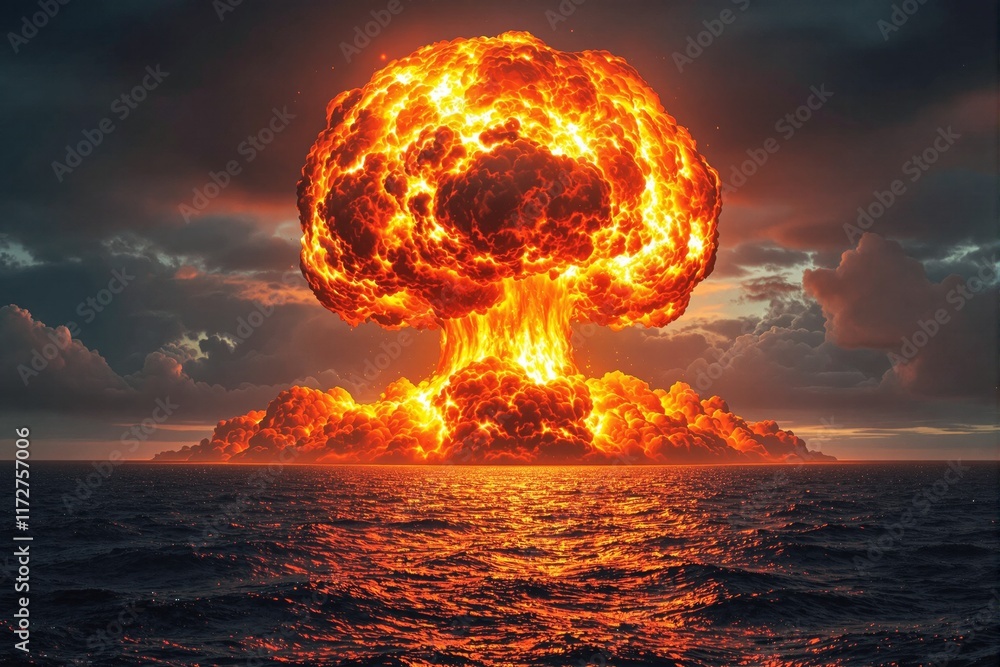 Poster massive fiery explosion over ocean with glowing clouds and dramatic sky, illuminated by twilight ton