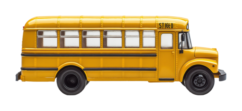 Vintage yellow school bus with detailed design, classic educational transportation vehicle, old-style miniature model isolated on transparent background