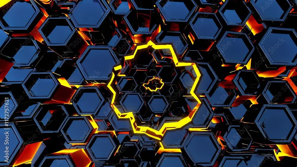 Poster intricate hexagonal patterns illuminated by vibrant orange glow in a dark space