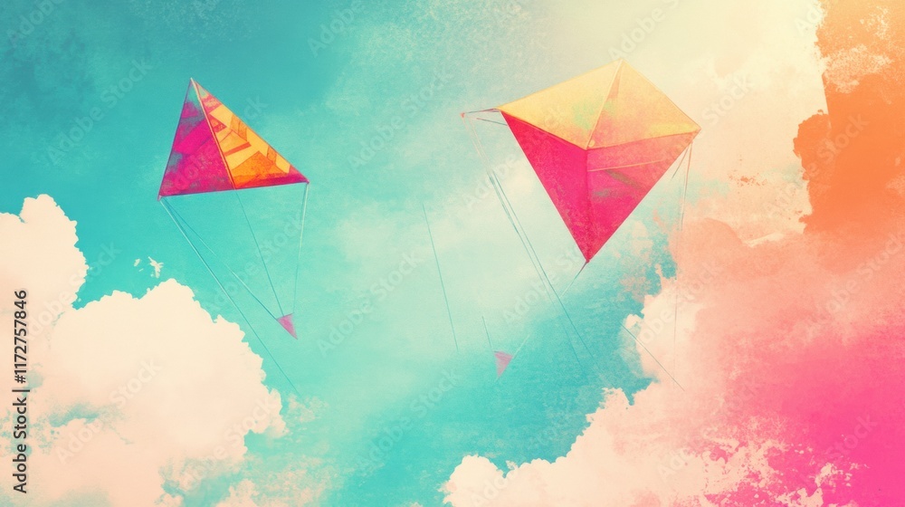 Poster colorful kites soaring high in a vibrant sky with soft clouds during a sunlit afternoon. generative 