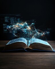 An open book with glowing pages, showcasing knowledge flowing out in the form of holographic data streams