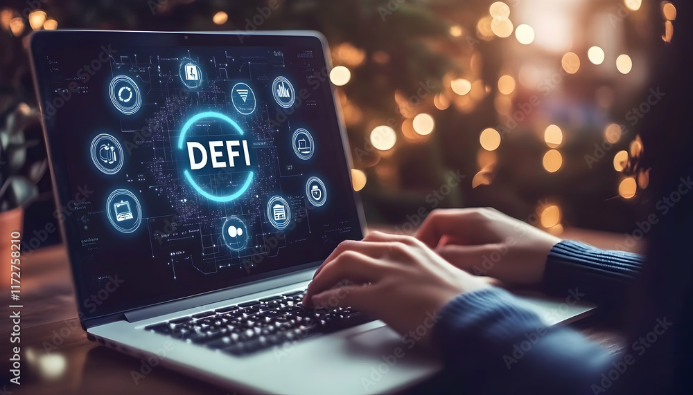 Aufkleber person using laptop with defi concept displayed on screen. blurred bokeh background.