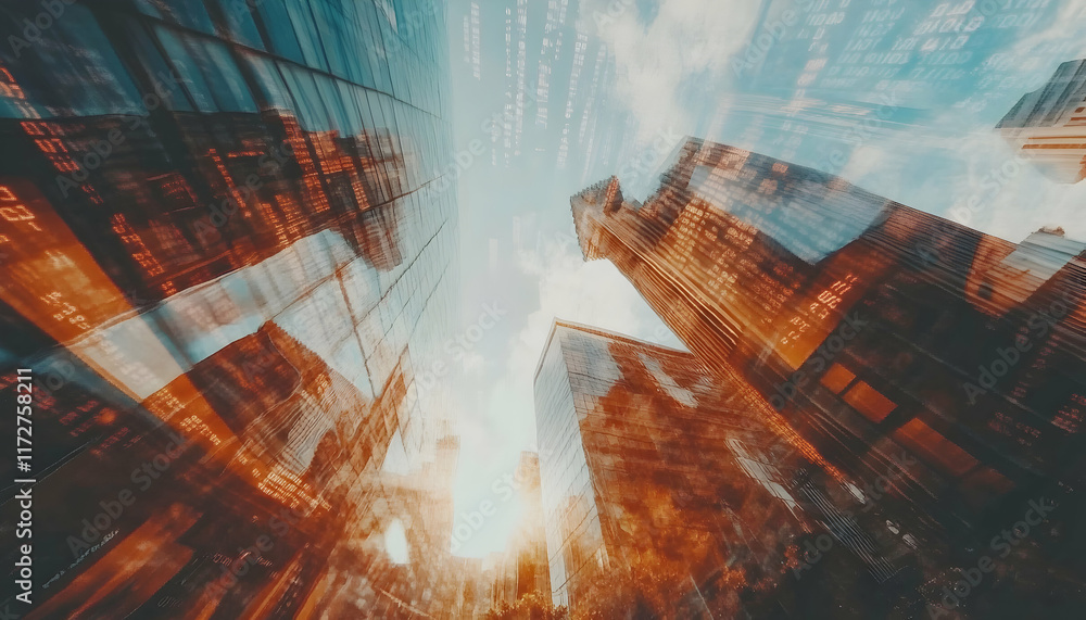 Poster abstract cityscape image showcasing towering buildings with superimposed stock market data, creating