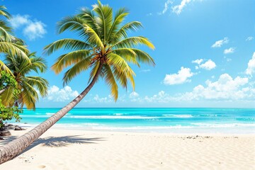 Scenic tropical beach with a leaning palm tree and clear turquoise waters, bright blue sky, and white sand. Ai generative, concept of paradise