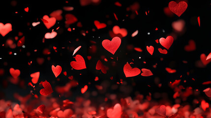 Heart shaped red confetti falling against deep black background creates romantic atmosphere. Perfect for celebrations and love themed events
