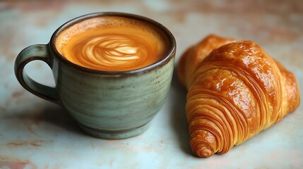 Latte Art Coffee With Freshly Baked Croissants
