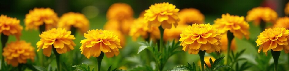 Fototapeta premium Bright yellow marigold flowers bloom in a garden bed, gardendesign, orange