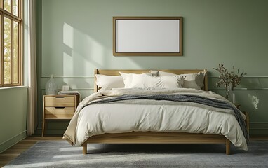 Serene bedroom interior design, sunlight, wooden bed, calm atmosphere, ideal for home decor websites.