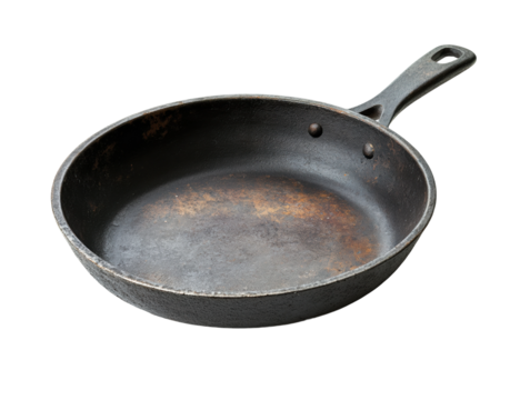 Rustic black cast iron skillet with worn texture, vintage kitchen cookware for frying and baking, durable heavy-duty pan isolated on transparent background