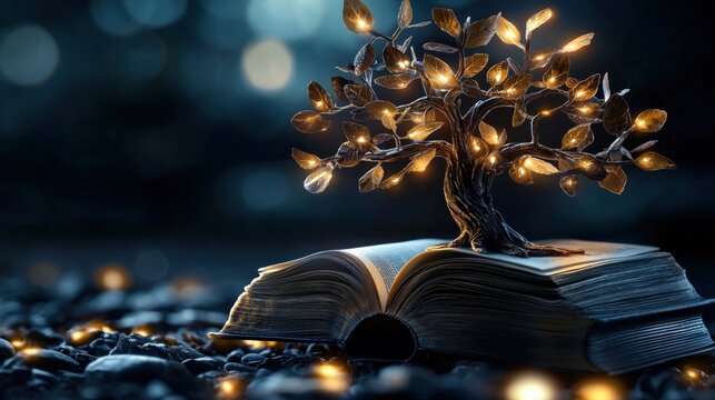 A tree of knowledge with glowing books as fruits, symbolizing growth through learning