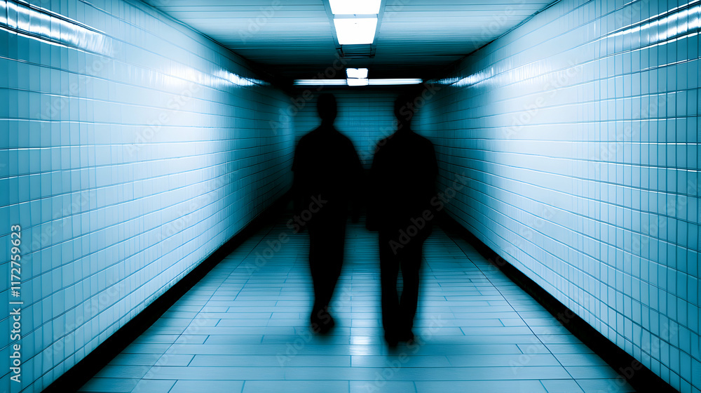 Poster mysterious silhouettes of two figures walking down a long, tiled corridor, creating a sense of intri