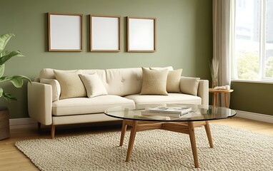 Modern living room interior design, beige sofa, green wall, coffee table, sunlight.