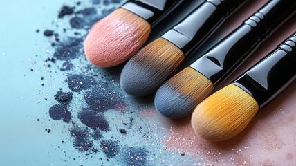 Close-Up of Colorful Makeup Brushes with Glitter and Powder