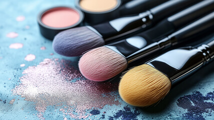 Close-Up of Colorful Makeup Brushes with Glitter and Powder