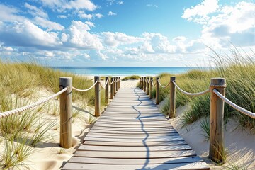 A wooden boardwalk surrounded by grassy dunes leads to a tranquil beach and calm ocean under a blue sky with fluffy clouds, evoking serenity. Ai generative