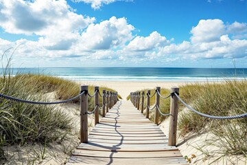 Obraz premium Wooden boardwalk surrounded by dune grasses leading to the sandy beach and blue ocean under a sunny sky with fluffy clouds. Concept of coastal tranquility. Ai generative