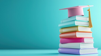 Fototapeta premium A stack of colorful textbooks with a graduation cap on top, symbolizing academic success and milestones