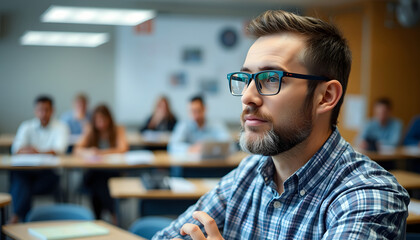 Fototapeta premium Man with glasses teaching in a classroom, blurry foreground, with white tones