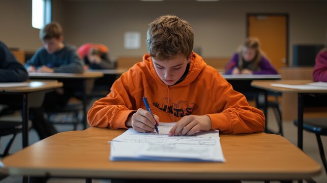 A student filling out a standardized test in a quiet classroom setting