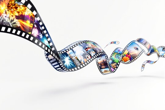 Twisting filmstrip showcasing colorful diverse images, floating on a white background. Concept of creativity and memories. Ai generative