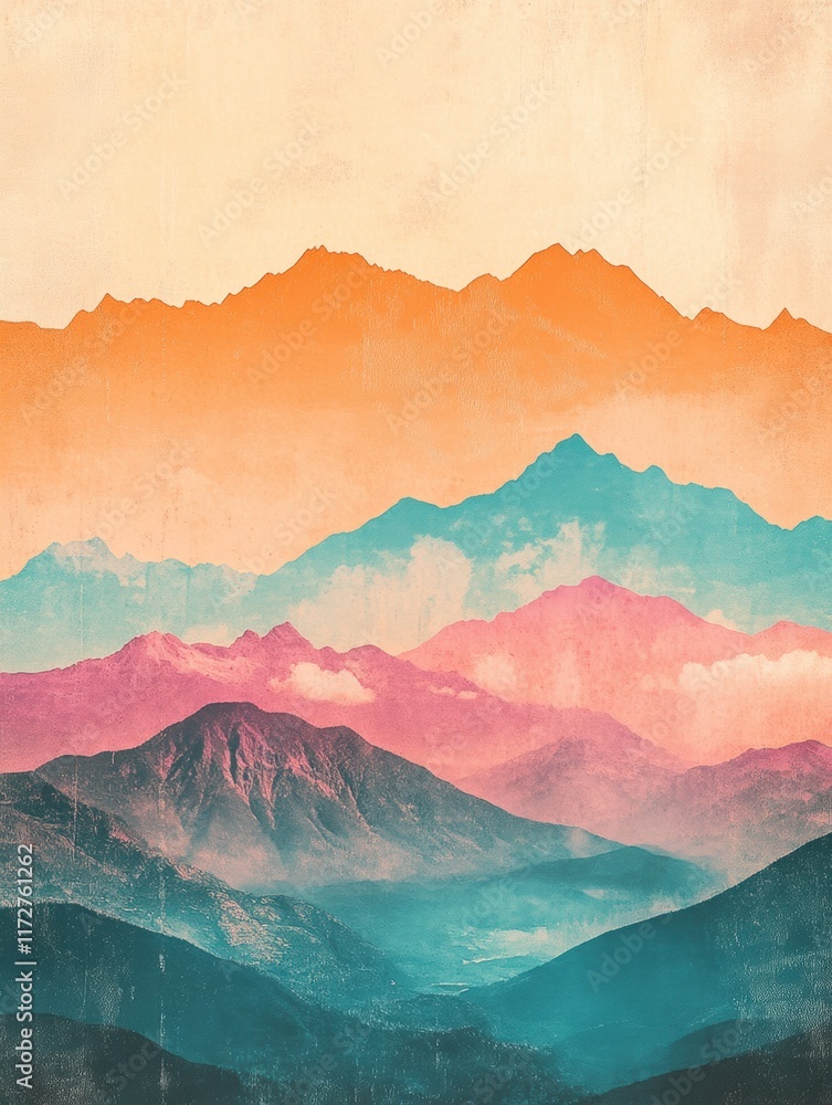 Poster vibrant layers of mountains at sunset with rich colors in retro risograph style. generative ai