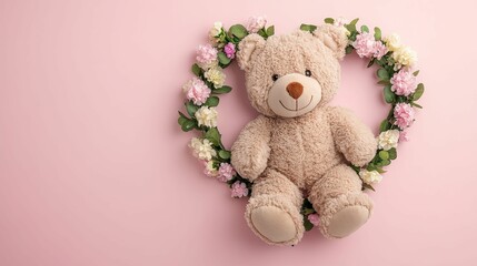 A soft teddy bear surrounded by a floral wreath on a pink background, creating a cozy and charming atmosphere.