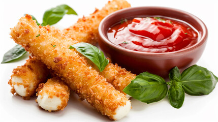 several mozzarella sticks with crispy coating and ketchup 