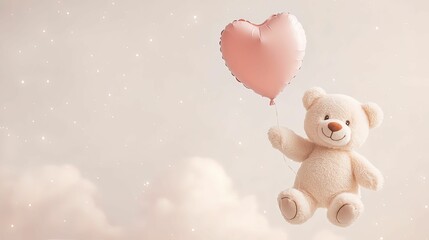 A cute teddy bear holds a heart-shaped balloon, floating amidst soft clouds, creating a whimsical and heartwarming scene.
