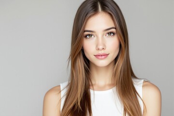 Fototapeta premium Young woman with brown hair and natural makeup wearing a white top, close-up portrait. Minimalist style on a gray background. Beauty concept. Ai generative