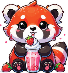 Cute Red Panda Enjoying a Strawberry Milkshake,vector eps