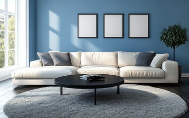Fototapeta premium Modern living room, sectional sofa, blue wall, sunlight, interior design.