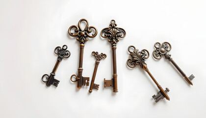 Set of vintage ornate keys on white background, smooth light