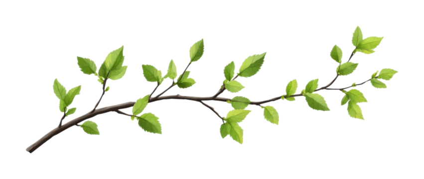Branch with vibrant green leaves, detailed botanical element for natural design, realistic foliage for decor or illustration isolated on transparent background
