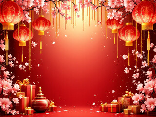 Chinese New Year Background with Cherry Blossoms and Lanterns, Perfect for Spring Festival Celebration Templates