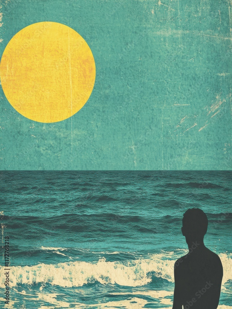 Poster silhouette of a person gazing at the vast ocean under a bright sun in a retro risograph style. gener