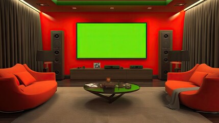 A stylish living room featuring a wall-mounted TV with green screen, vibrant red decorations, and ample copy space