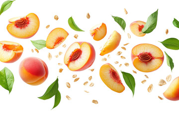 Fresh peaches with green leaves, whole and halved fruits arranged in organic layout, healthy natural summer fruit concept isolated on transparent background