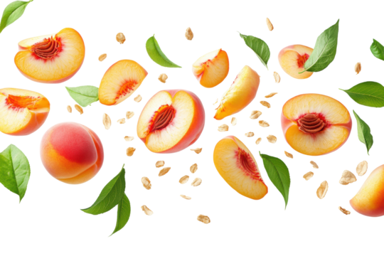 Fresh peaches with green leaves, whole and halved fruits arranged in organic layout, healthy natural summer fruit concept isolated on transparent background