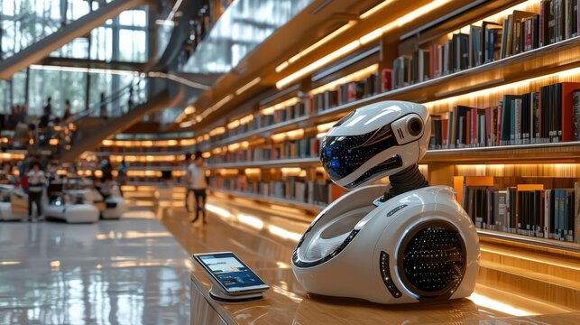A futuristic library with robotic assistants helping students locate digital and physical books