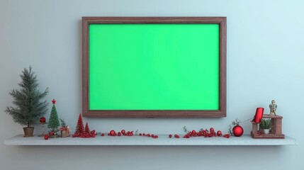 A TV mounted on a white wall with a green screen, festive red decorations below, and space for advertising or branding