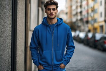 Fototapeta premium A young man in a blue color zipped hoodie mockup stands confidently on a city street. The background features blurred buildings and parked cars, creating an urban atmosphere. 