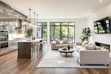 Contemporary kitchen and living room with sleek furniture, large windows, and wooden flooring. Bright, open layout with natural light. Ai generative