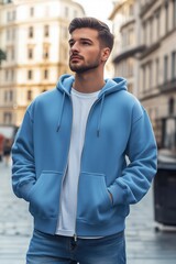 Fototapeta premium A young man wearing a light blue color zipped hoodie mockup and a white t-shirt, standing outdoors in an urban setting. He has a thoughtful expression and is looking upwards.